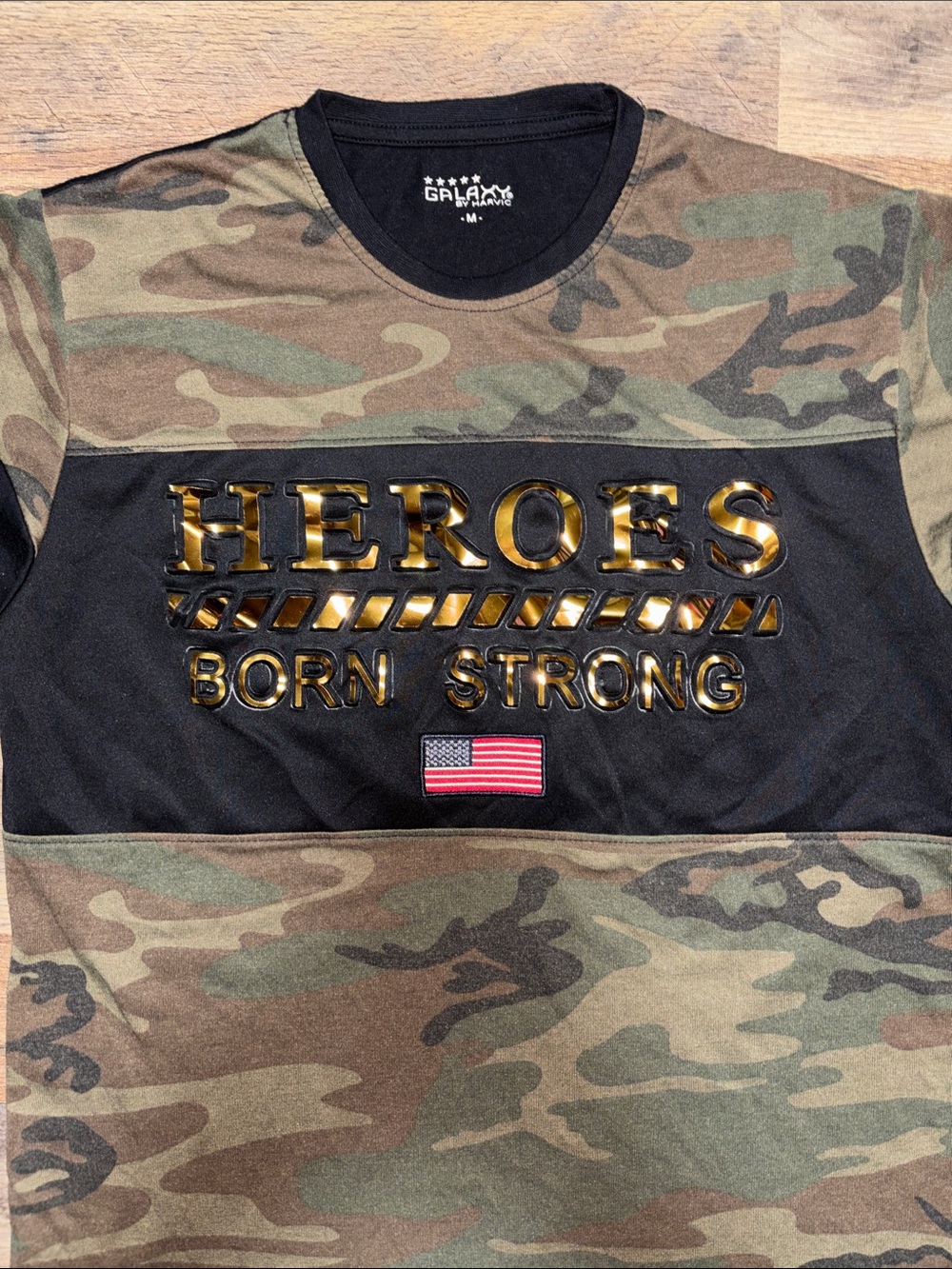 Galaxy By Harvic Boys Camouflage 'Heroes Born Strong' Tee with Gold Lettering